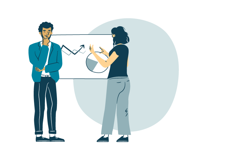 Illustrated man and woman with business charts
